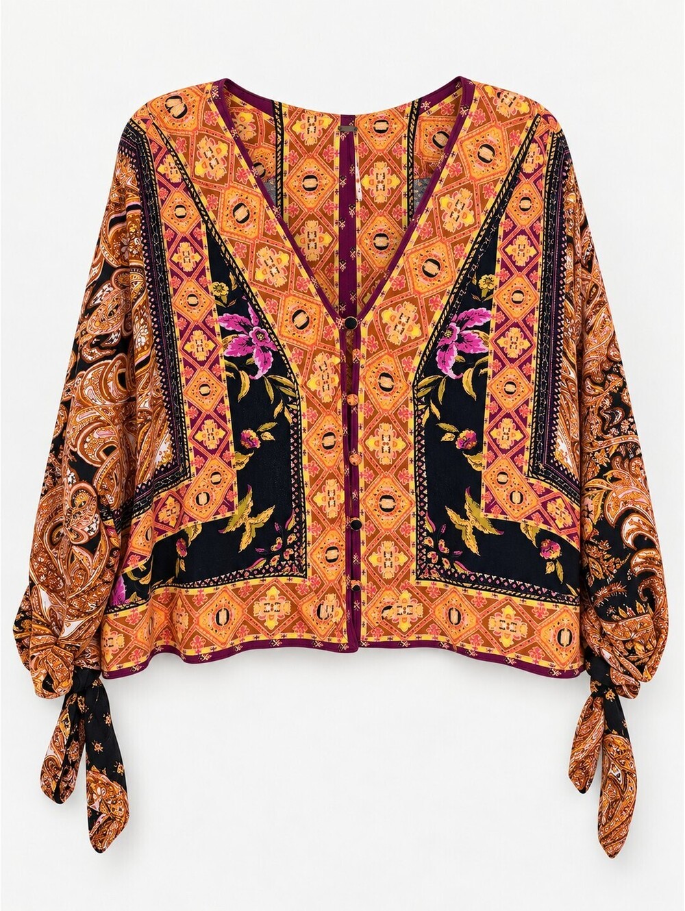 Free People Catch Me If You Can Top XS Paisley Boho Tie Sleeve Blouse